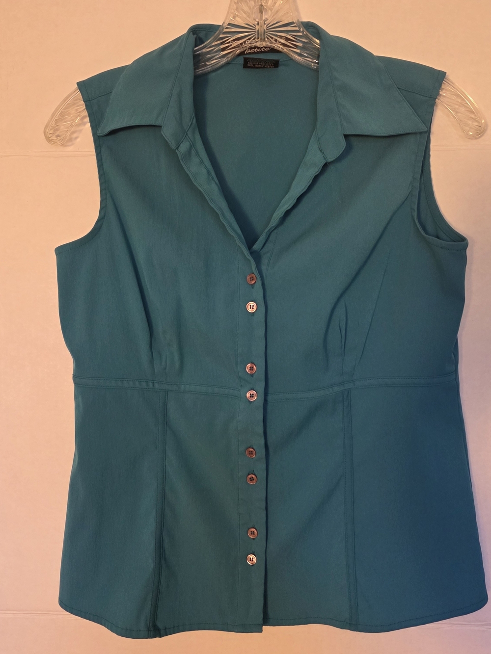 Scott Taylor Teal Sleeveless Button Up Blouse Tailored Seam Career Casual Office